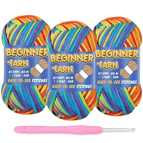 3 Pack Anfänger Häkelgarn, Garn für Häkeln Strickanfänger, leicht zu sehende Stiche, grobes dickes sperriges Baumwollweiches Garn zum Häkeln (3x50g) (Regenbogen) von FECLOUD