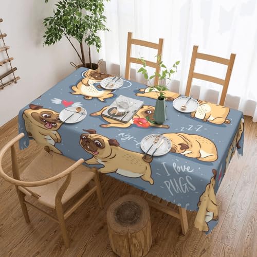 Staubdichte Tischdecke für Küche und Restaurant, Innendekoration, niedlicher lustiger Mops-Welpen-Hintergrund,Wie Gezeigt,137x183 von FEEHSP