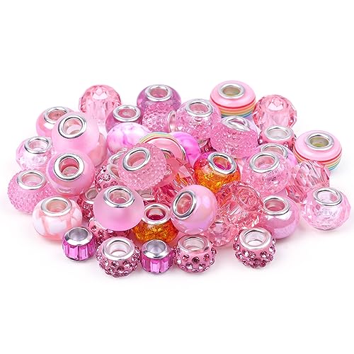 50 Stück Perlen für Armbänder, Murano Perlen zum Auffädeln, European Perlen Große Loch Kristall Bastelperlen Bunte Charms Spacer Perlen für DIY Armbänder Halsketten Schmuck Machen Set von FEEIN