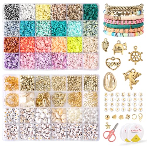 FEHCBIO Clay Perlen Set,8150 Stück Heishi Polymer Clay perlen mit Goldenen Buchstabenperlen,Smiley und Holzperlen Perlen zum Auffädeln Schmuckherstellungsset,Geschenkidee für Mädchen und Erwachsene von FEHCBIO