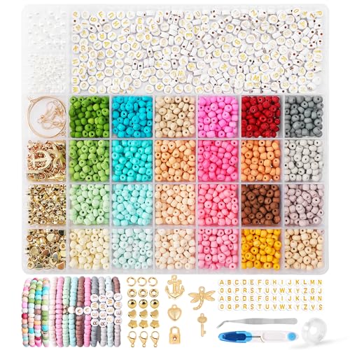 FEHCBIO Glasperlen Set 24 Farben Matt 5mm,mit Goldenen Buchstaben Perlen für Armbänder, perlen zum Auffädeln Schmuckherstellungs-Sets, Geschenkidee für Belohnungen Weihnachtsferien,Geburtstags Partys von FEHCBIO