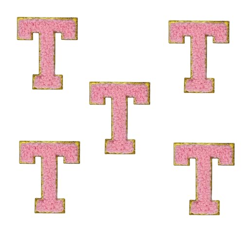 5,5 cm rosa Chenille-Buchstaben-Aufnäher, selbstklebende Buchstaben-Aufnäher für Kleidung, zum Aufkleben, für Make-up-Taschen, Reisetaschen, Hüte, Rucksäcke, Schuhe, Handwerk, Laptop (Buchstabe T) von FEIDICK