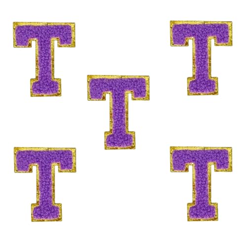 5,5 cm violette Chenille-Buchstaben-Aufnäher, selbstklebende Buchstaben-Aufnäher für Kleidung, zum Aufkleben, für Make-up-Taschen, Hüte, Rucksäcke, Jeans, Schuhe, Handwerk, Laptop (Buchstabe T) von FEIDICK