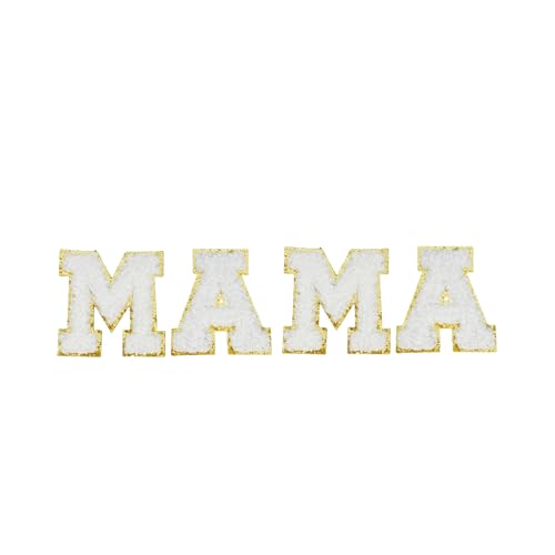 5,5 cm weiße Chenille-Buchstaben-Aufnäher, selbstklebende Buchstaben für Kleidung, Buchstaben zum Aufkleben für Kosmetiktaschen, Rucksäcke, Reisetaschen (Mama) von FEIDICK