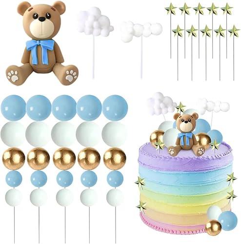 38 Stück Blaubär Kuchendekoration FEIEQILAI - Teddybär Kuchendekoration Mini-Kugeln Tortenaufsätze Bär Kuchendekoration DIY Kuchendekoration Baby Kuchendekoration mit Gold Blau Weiß Perlenkugel von FEIEQILAI