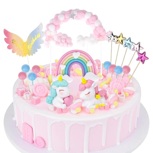 FEIEQILAI 20 Stück Tortendekoration zum Geburtstag eines Mädchens Regenbogen Sterne Wolken rosa Ballonbogen Kuchendekoration für Kinder Mädchen Junge Geburtstag Baby Shower Party von FEIEQILAI