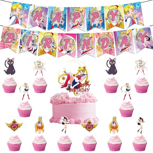 Geburtstag Party Dekorationen FEIEQILAI Party Supplies Happy Birthday Banner Cupcake Toppers Cartoon Happy Birthday Decorations Banner und Tortendeko als Kindergeburtstag Partydeko（26pcs） von FEIEQILAI