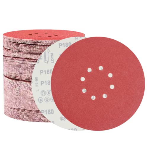 FEIHU 60 Stück Schleifscheiben 225 mm, Schleifpapier 225mm klett | Körnung 10X P40/60/100/120/180/240 | 8 Löcher in Rot | Schleifpapier für den Trockenbau | langhalsschleifer | deckenschleifer von FEIHU