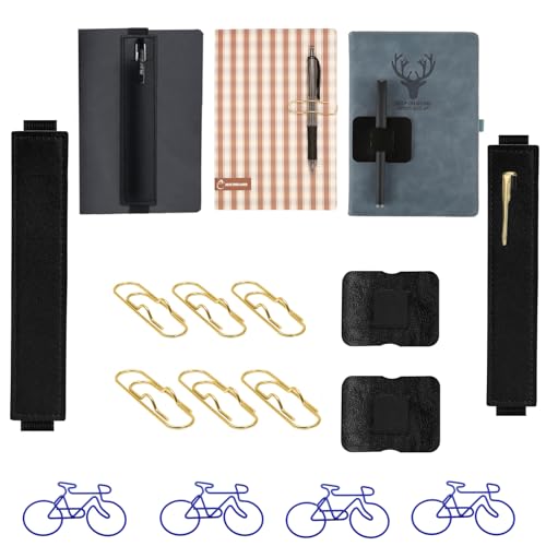 FEIQIAO 10pcs Multifunktionale Stiftstation, Set Einschließlich Verstellbarem Gummiband Stifthalter, Klebe Bleistift Schlaufe für Notebook, Tragbare Metall Bürostift Clips, Fahrradform Büroklammer von FEIQIAO