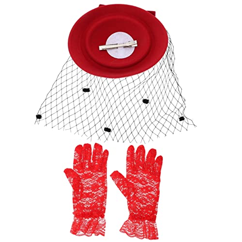 FELTECHELECTR 1 Satz Cocktailhut Hüte für Frauen Tea-Party-Stirnbandhüte bunte Partyhüte handschuhe elegant weihnachtsassesoires Party-Spitzenhandschuhe Bankett-Kopfschmuck- Polyester rot von FELTECHELECTR