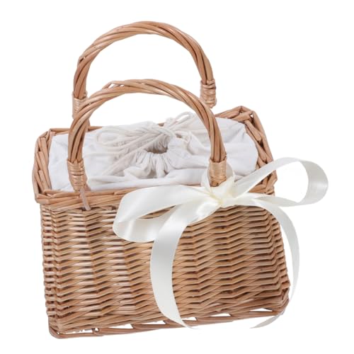 FELTECHELECTR 1stk Blumenkorb Aus Rattan Handgemachte Korbtasche Einkaufskorb Aus Gras Tragetasche Weidenkorb-geldbörse Blumenkorb Zur Hochzeit Beuteltasche Aus Rattan Babykorb Belleoy Holz Weiß von FELTECHELECTR