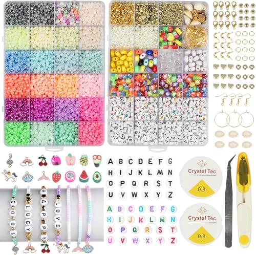 Perlen Set Zum AuffäDeln für Armbänder Selber Machen, 6000+ 3mm Beads for Bracelet Making Kit, DIY Schmuck Selber Machen Set Erwachsene, Smiley Charm Glasperlen für Ohrringe Selber Machen Set von FEMBW