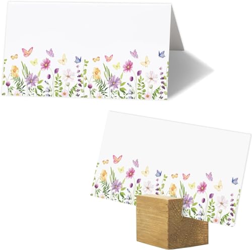 Tischkarten mit Blumenmuster, 8,9 x 5,1 cm, Wildblumen-Schmetterlings-Namenskarte, Hochzeitstisch, gefaltete Zeltkarten für Babyparty, Empfang, Tischdekoration, 100 Stück von FENGHERUIA