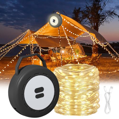 FENGQ Camping Lichterkette Aufrollbar, 10M Tragbare Campinglampe, LED Lichterkette mit 7 modi, Wasserdichte Outdoor Lichterkette, 1800mAH Usb Lichterkette Camping Für Outdoor Camping Hof Dekor von FENGQ