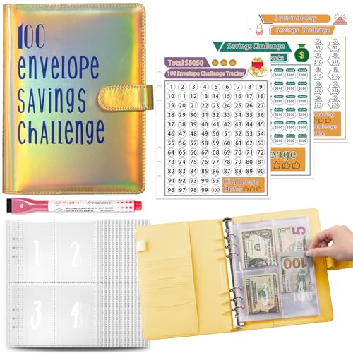 100 Umschläge Spar Challenge Umschlag Spar Challenge Ordner Sparbuch Geld Spar Buch Geld Spar Ordner mit Geldumschlägen Spar Challenge Aufkleber für Zuhause von FENGQQKJ