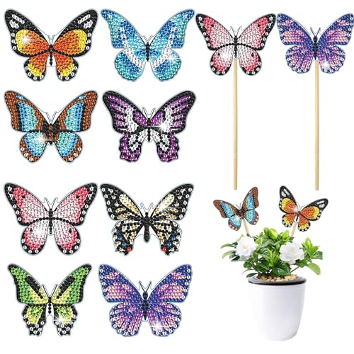 FENGQQKJ 8 Stücke Schmetterling Diamond Painting Kits Schmetterling Stakes Diamant Kunst Kits Diamond Kunst Painting Gartendeko Schmetterling Diamant Painting Ornaments Zubehör für Gartendekoration von FENGQQKJ