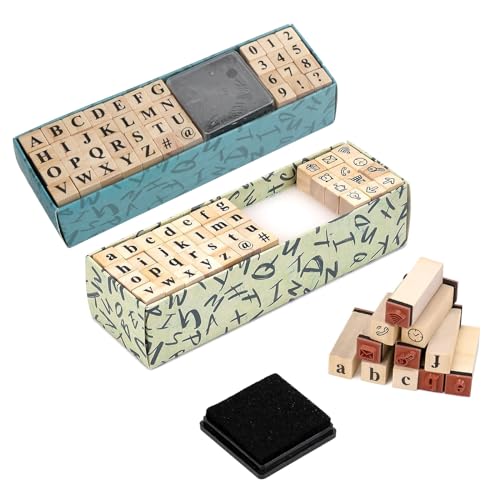 FENGQQKJ 80 Stück Buchstaben Stempel Set, Alphabet Buchstaben Zahlen Set Zahlen und Symbole mit Stempelkissen Holzstempel Buchstaben für Scrapbooking Kunst Handwerk Kartenherstellung von FENGQQKJ