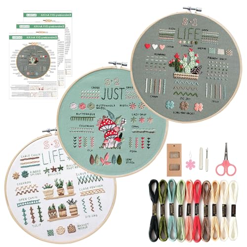 Stickset für Anfänger Sticken Set Erwachsene Embroidery Kit Stickrahmen Set blumen Pflanzen Kreuzstich Set Anfänger 3 Sets Stickerei DIY Kreuzstich Stick Set mit 1 Stück Bambus für Handstickerei von FENGQQKJ