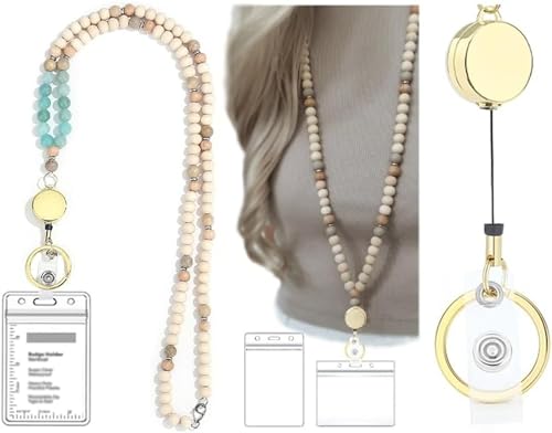 Lehrer Lanyard Schlüsselbänder Für Frauen - Holzperlen Einziehbares Lanyard Für Namensschilder Boho-Schlüssel Personalisiert Schlüsselband Lanyard (Amazonite-retractable) von FENXIXIONE