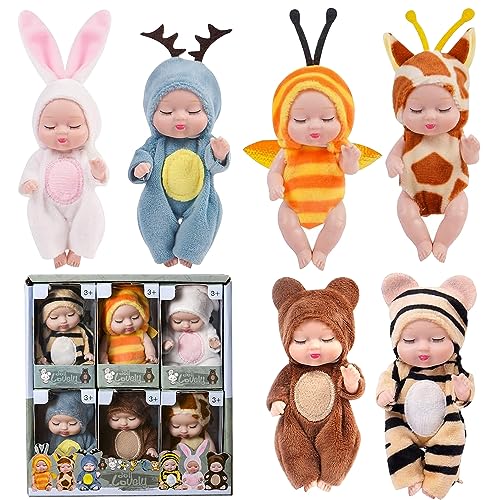 FENYW 6 Stück Mini Reborn Puppen, Newborn Reborn Baby, 3,5 Zoll Mini Puppen mit Kleidung, Waschbares PVC Material, Baby Mini Puppen, New Born Baby Puppe für ab 3 Jahren Mädchen, Kleinkinder und Kinder von FENYW