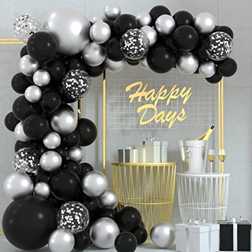 FEPITO 108 Stück Schwarz Silber Ballon Girlande Arch Kit 5 10 12 18 Zoll Schwarz Silber Konfetti Luftballons für Geburtstag Hochzeit Braut Babyparty Abschlussfeier Dekorationen von FEPITO