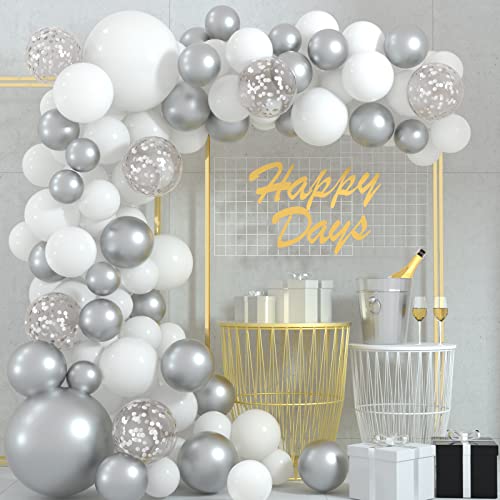 FEPITO 108 Stück ballon girlande Weiß Silber Girlande Arch Kit 5 10 12 18 Zoll Pastell Weiß Silber Konfetti Luftballons für Geburtstag Hochzeit Brautduschen Babyparty Party Dekorationen von FEPITO