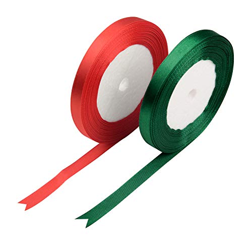 FEPITO 2 Rollen 10mm Satinband Grün Rot Geschenkband Schleifenband Bänder zum Basteln Stoffband für Weihnachtsdekoration (22 Mt/Rolle x 2 Rollen) von FEPITO