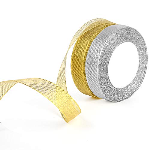 FEPITO 2 Rollen 20mm Organza Band Silber und Gold Glitterband Geschenkband Dekoband Schleifenband für Weihnachtsbaum Dekoration Partydekoration (Gold & Silber) von FEPITO