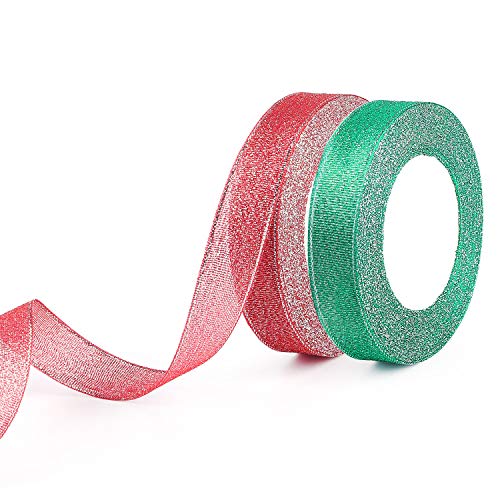 FEPITO 2 Rollen 20mm Weihnachten Organza Band Glitterband Geschenkband Grün und Rot Schleifenband Dekoband Bänder für Weihnachtsdekoration (Grün & Rot) von FEPITO