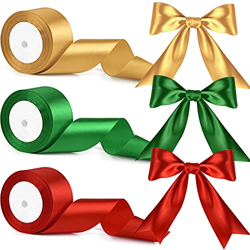 FEPITO 3 Rollen Weihnachts-Satinband, 5,1 cm breite Bänder zum Basteln, rot, grün, gold, Satinbänder für Weihnachten, Hochzeit, Verpackung, Dekoration von FEPITO