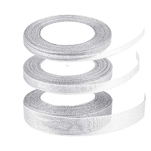 FEPITO 3er Pack 6mm 10mm 20mm Glitter Silver Ribbon Weihnachtsband für Geschenkverpackung Grey Organza Ribbon Weihnachtsbänder für Bastelarbeiten (3 Stück Silber) von FEPITO