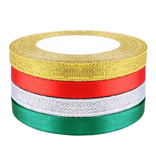 FEPITO 4 Stück 10mm Rot Grün Satinband Silber Gold Glitter Organza Band Weihnachten Band für Geschenkverpackung Band für Weihnachtsbaum Bänder für Handwerk (Rot/Grün/Gold/Silber) von FEPITO