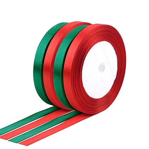 FEPITO 4 Stück 10mm rot grün Satinband Weihnachten Band für Geschenkverpackung Band Weihnachten Bänder für Handwerk (2 rot Red 2 grün) von FEPITO