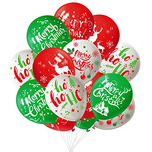 FEPITO 50Pcs Weihnachtsfeier Ballon 12 Zoll Weiß Rot und Grün Latex Weihnachtsballons, 6 Frohe Weihnachten Stil für Weihnachtsdekoration Party Supplies von FEPITO