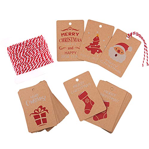 FEPITO 50PcsTags Kraftpapier Geschenkkarten mit hängendem Seil zum Einwickeln von Etiketten, 5 Design von FEPITO