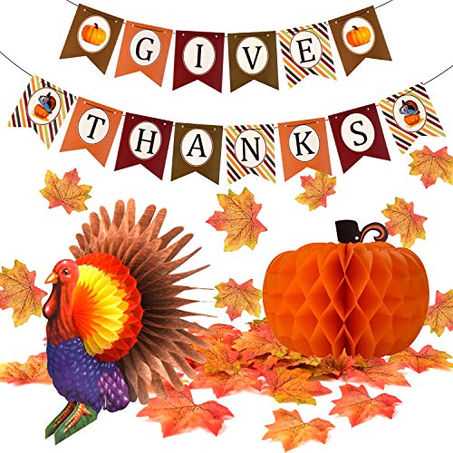 FEPITO Geben Dank Banner mit Papier Bunte Türkei Kürbis Künstliche Ahornblätter Dekoration Kit Insgesamt 203 STÜCKE für Herbst Herbst Party Thanksgiving Day Party Supplies Dekorationen von FEPITO