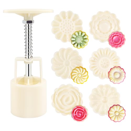 FERCAISH Briefmarken Mondkuchen-Form mit 6, Mooncake Mold Press, 1 Satz Mooncake Form, Moon Cake Mould Set, 50g Blumen-Pressformen, für Kekse Dessert Backen DIY Mond Kuchen (Beige) von FERCAISH