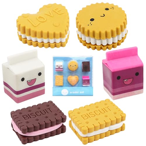 FERCAISH 6 Stück Mini Keks Radiergummis Set, Box Verpackt Farbige Radierer,Kawaii Cookies Radiergummi, Nette Milchradiergummi, für Schule Hause Bürobedarf Schreibwaren von FERCAISH