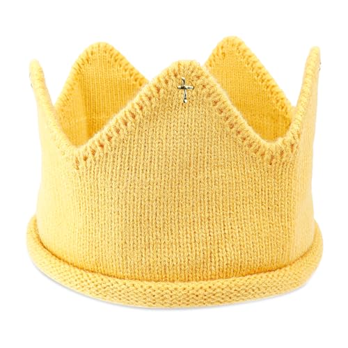 FERCAISH Baby Geburtstag Krone Stirnband Jungen Mädchen Strickmütze Stoff Kopfschmuck Für Geburtstagskrone kinder Partyhüte Baby Taufe Deko（Gelb） von FERCAISH