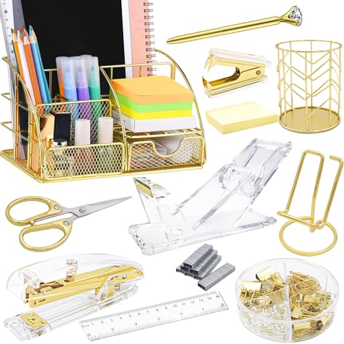 FERXIDI Goldener Schreibtisch-Organizer und Zubehör, Bürobedarf für den Schreibtisch, 13 PS Set mit Acryl-Hefter, Klebebandspender, Heftklammerentferner, Stifthalter, Clips, Schere, Handyhalter, Stift von FERXIDI