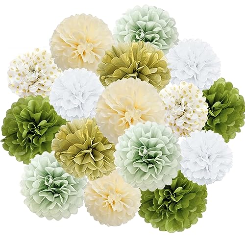 16 Stück Pompons Deko Salbeigrün Beige Olivgrün Seidenpapier Pompoms Grün Gold Weiß Sage Green Party Deko für Brautparty Babyparty Geburtstagsdeko Grün Gold Hochzeit Salbeigrün von FETETIJD