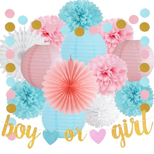 Baby Gender Reveal Party Dekoration Blau Rosa Papier Pompons Papierfächer Papier Laterne Girlande Junge oder Mädchen Banner Babyparty Dekoration für Gender Reveal Baby Shower Party Deko von FETETIJD