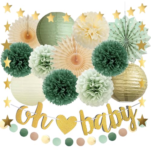 Babyparty Deko Grün Gold Baby Shower Deko Junge Mädchen Olivegrün Beige Babyparty Deko Salbeigrün mit Oh Baby Girlande Gold für Salbei Babyshowerparty Deko Neutral Gender Reveal Boy Girl von FETETIJD