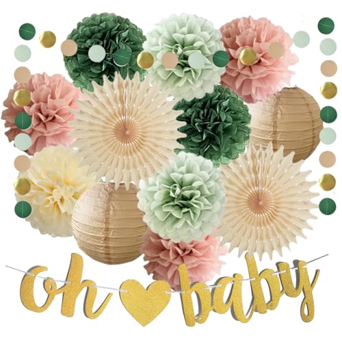 Babyparty Deko Salbeigrün Rosa Baby Shower Deko Junge Mädchen Salbeigrün Rosa Beige Seidenpapier Pom Poms Oh Baby Girlande Gender Reveal Neutral Babyparty Dekorationen von FETETIJD