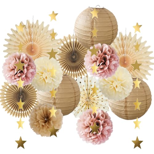 Boho Party Deko Rosa Braun Beige Papierlaternen Papierfächer Pompons Deko Braun Beige Rosa für Babyparty Vintage Hochzeitsdeko Geburtstagsdeko Boho Mädchen von FETETIJD