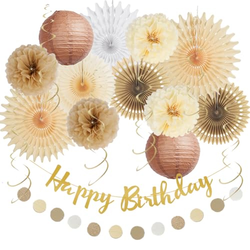 Braun Geburtstag Party Dekorationen Rustikale Natur Geburtstag Dekorationen Braun Bräune und Creme Tissue Pom Poms Fans Laternen mit Happy Birthday Banner Gold Papier Kreis Girlande für Mädchen Frauen von FETETIJD