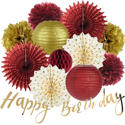 Burgunderrot Gold Geburtstag Party Dekorationen Kastanienbraun Gold Papierlaternen Happy Bithday Banner Papier Pom Poms Blumen Frauen Burgund Gold Geburtstag Herbst Braut Babyparty Hochzeit Party Dekorationen von FETETIJD