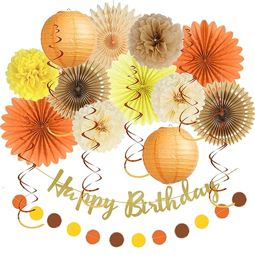 Deko Geburtstag Herbst Geburtstagsdeko Orange Gelb Party Natur Deko Geburtstag Rustikal Orange Braun Papierlaterne Papierfächer Pompoms Set mit Happy Birthday Banner Kreis Girlande für Mädchen Frauen von FETETIJD