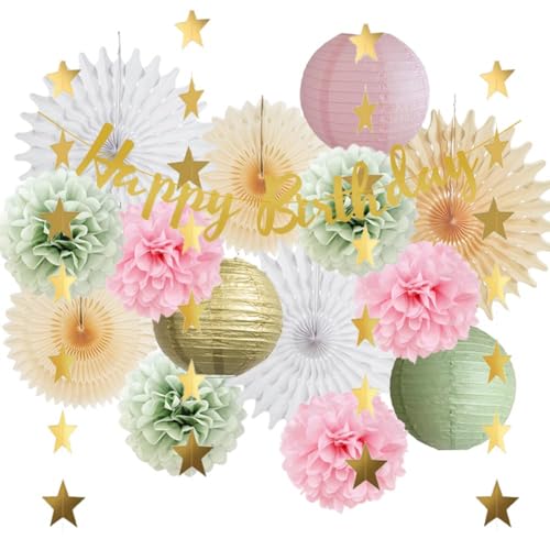 Geburtstagsdeko Rosa Grün Party Deko Geburtstag Rosa Grün Weiße Geburtstagsdeko Frauen Salbeigrün Pompons Papierfächer Deko Kit Geburtstagsdeko Salbei Rosa mit Happy Birthday Banner für Mädchen von FETETIJD