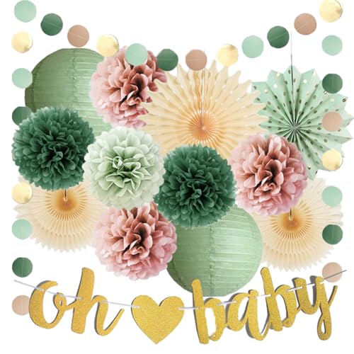 Babyparty Deko Salbeigrün Rosa Oh Baby Babyparty Deko Mädchen Grün Pompons Deko Salbei Olivgrün Baby Shower Deko Beige mit Oh Baby Girlande Gold für Babyshowerparty Deko Grün Rosa von FETETIJD